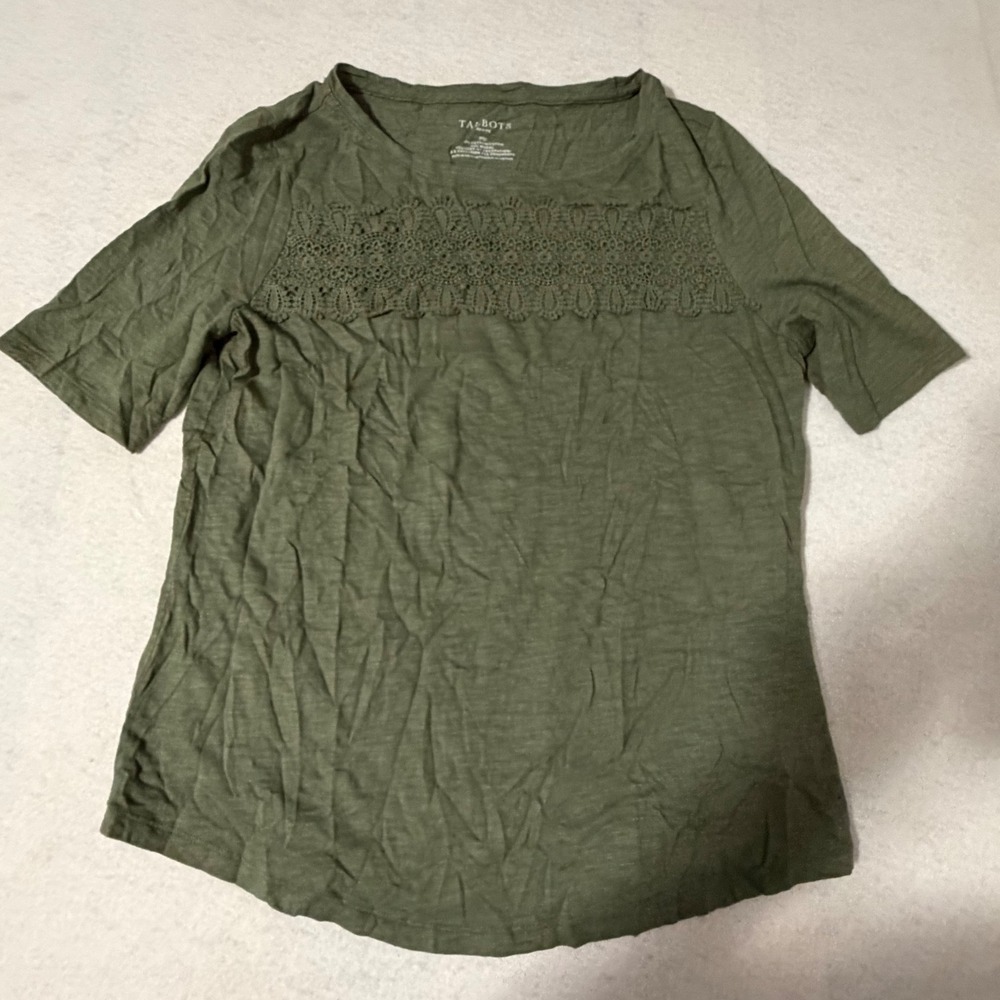 Talbots Petite Olive Green Crochet Lace Short Sleeve Knit Top MP